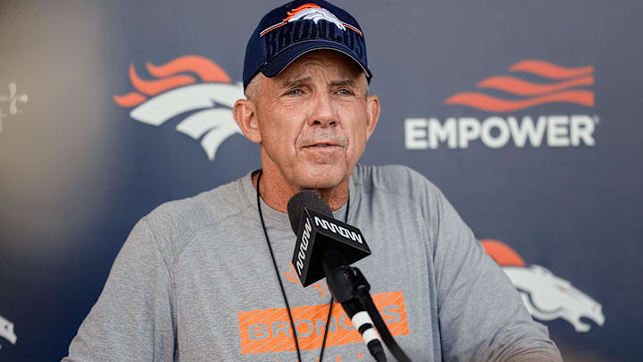 Jul 23, 2025; Englewood, CO, USA; Denver Broncos head coach Sean Payton during Denver Broncos Training Camp. Mandatory Credit: Isaiah J. Downing-Imagn Images