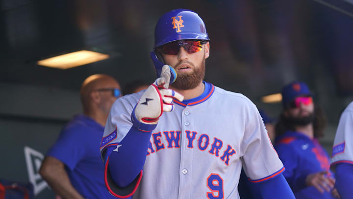 Apr 12, 2025; West Sacramento, California, USA; New York Mets left fielder Brandon Nimmo (9) reacts after hitting a home run against the Athletics in the sixth inning at Sutter Health Park. Mandatory Credit: Cary Edmondson-Imagn Images
