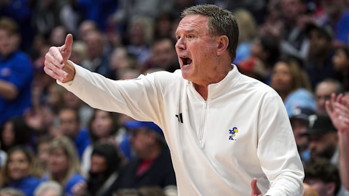 Dec 31, 2024; Lawrence, Kansas, USA; Kansas Jayhawks head coach Bill Self reacts during the second half against the West Virginia Mountaineers at Allen Fieldhouse. Mandatory Credit: Jay Biggerstaff-Imagn Images Dec 31, 2024; Lawrence, Kansas, USA; Kansas Jayhawks head coach Bill Self reacts during the second half against the West Virginia Mountaineers at Allen Fieldhouse. Mandatory Credit: Jay Biggerstaff-Imagn Images