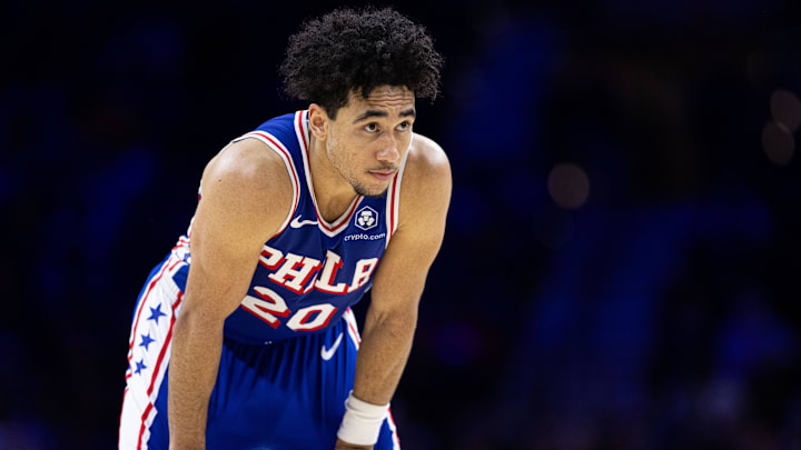 Dec 4, 2024; Philadelphia, Pennsylvania, USA; Philadelphia 76ers guard Jared McCain (20) looks on during the fourth quarter against the Orlando Magic at Wells Fargo Center. Mandatory Credit: Bill Streicher-Imagn Images