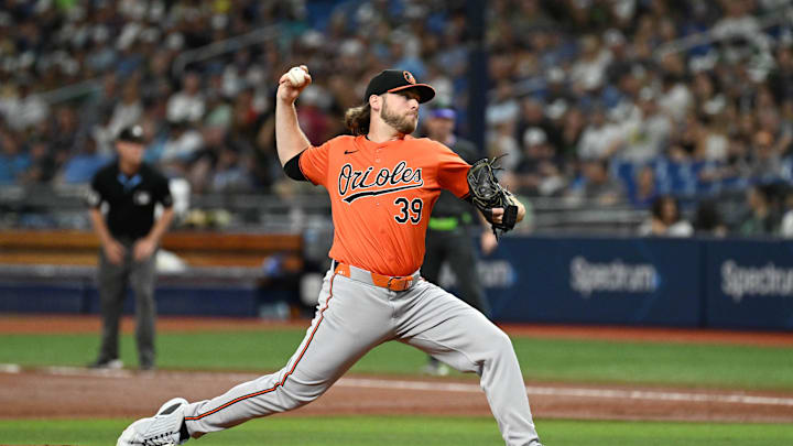 Aug 10, 2024; St. Petersburg, Florida, USA; Baltimore Orioles starting pitcher Corbin Burnes (39) throws a pitch in the first inning against the Tampa Bay Rays at Tropicana Field.