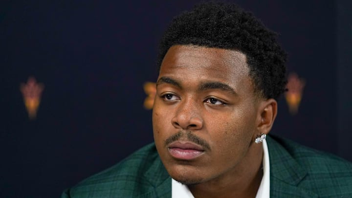 Jul 8, 2025; Frisco, TX, USA; Arizona State defensive lineman C.J. Fite answers questions from the media during 2025 Big 12 Football Media Days at The Star. Mandatory Credit: Raymond Carlin III-Imagn Images