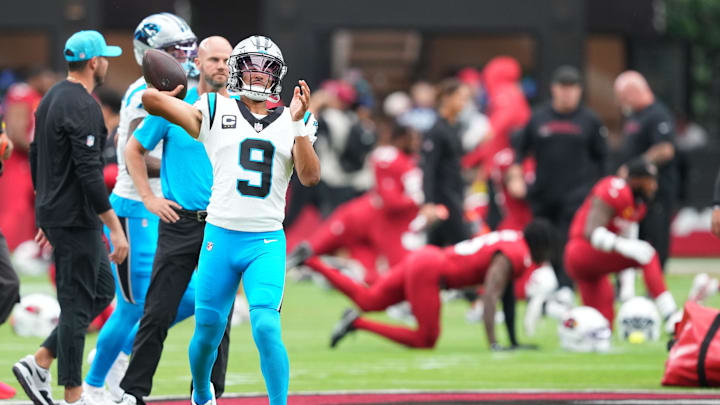 Sep 14, 2025; Glendale, Arizona, USA;  Carolina Panthers quarterback Bryce Young (9) warms up prior to the first half against the Arizona Cardinals at State Farm Stadium. Mandatory Credit: Joe Camporeale-Imagn Images