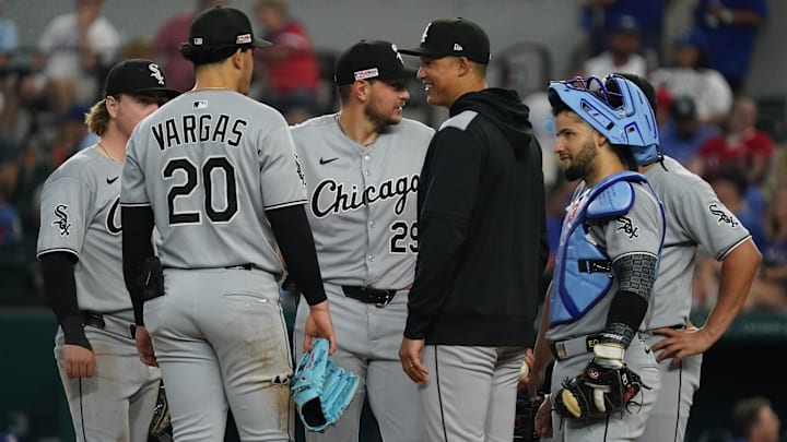 Chicago White Sox manager Will Venable (1) talks with his players during a game against the Texas Rangers at Globe Life Field. Chicago White Sox manager Will Venable (1) talks with his players during a game against the Texas Rangers at Globe Life Field.