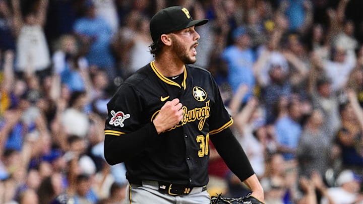 Aug 12, 2025; Milwaukee, Wisconsin, USA; Pittsburgh Pirates starting pitcher Paul Skenes (30) reacts after giving up a solo home run to Milwaukee Brewers second baseman Brice Turang (not pictured) in the fourth inning at American Family Field. Mandatory Credit: Benny Sieu-Imagn Images