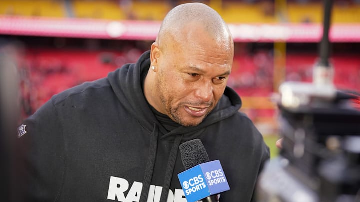 Dec 25, 2023; Kansas City, Missouri, USA; Las Vegas Raiders interim head coach Antonio Pierce talks to media against the Kansas City Chiefs after the game at GEHA Field at Arrowhead Stadium. Mandatory Credit: Denny Medley-USA TODAY Sports