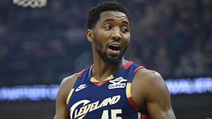 Nov 5, 2025; Cleveland, Ohio, USA; Cleveland Cavaliers guard Donovan Mitchell (45) stands on the court in the first quarter against the Philadelphia 76ers at Rocket Arena. Mandatory Credit: David Richard-Imagn Imagesp0-------