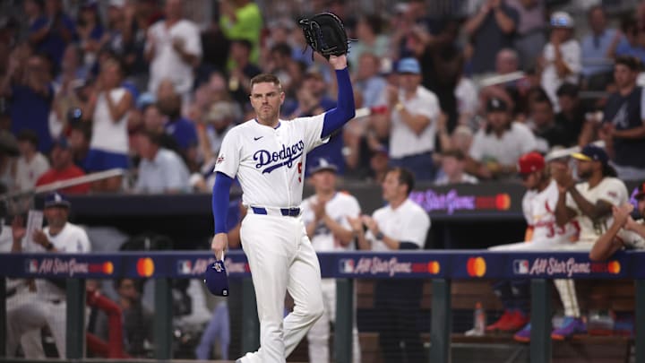 Jul 15, 2025; Cumberland, Georgia, USA; National League first baseman Freddie Freeman (5) of the Los Angeles Dodgers reacts in the third inning during the 2025 MLB All Star Game at Truist Park. Mandatory Credit: Brett Davis-Imagn Images Jul 15, 2025; Cumberland, Georgia, USA; National League first baseman Freddie Freeman (5) of the Los Angeles Dodgers reacts in the third inning during the 2025 MLB All Star Game at Truist Park. Mandatory Credit: Brett Davis-Imagn Images
