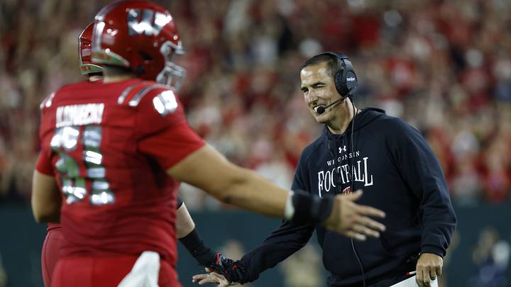 Sep 6, 2026; Green Bay, Wisconsin, USA;  Wisconsin Badgers head coach Luke Fickell reacts in the first half at Lambeau Field.  Mandatory Credit: Michael Caterina-Imagn Images