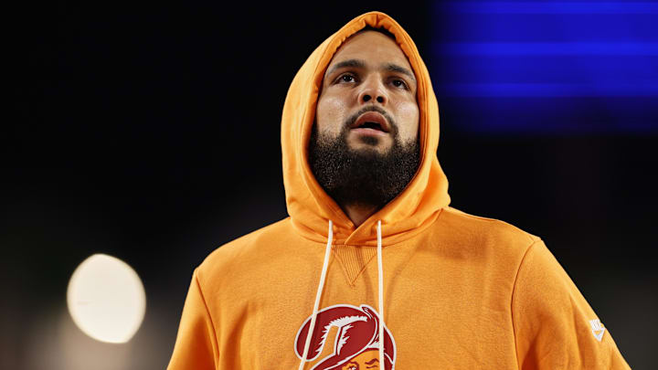 Dec 11, 2025; Tampa, Florida, USA; Tampa Bay Buccaneers wide receiver Mike Evans (13) warms up before the game against the Atlanta Falcons at Raymond James Stadium. Mandatory Credit: Nathan Ray Seebeck-Imagn Images