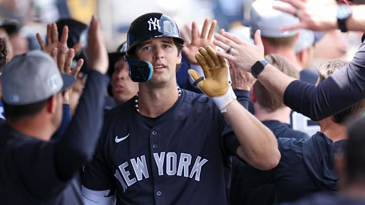 Clearwater, Florida, USA; New York Yankees outfielder Spencer Jones (78) celebrates after hitting a three-run home run against the Philadelphia Phillies in the third inning during spring training at BayCare Ballpark.