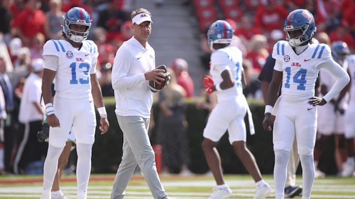 Oct 18, 2025; Athens, Georgia, USA; Mississippi Rebels head coach Lane Kiffin prior to the game against the Georgia Bulldogs at Sanford Stadium. Mandatory Credit: Brett Davis-Imagn Images Oct 18, 2025; Athens, Georgia, USA; Mississippi Rebels head coach Lane Kiffin prior to the game against the Georgia Bulldogs at Sanford Stadium. Mandatory Credit: Brett Davis-Imagn Images