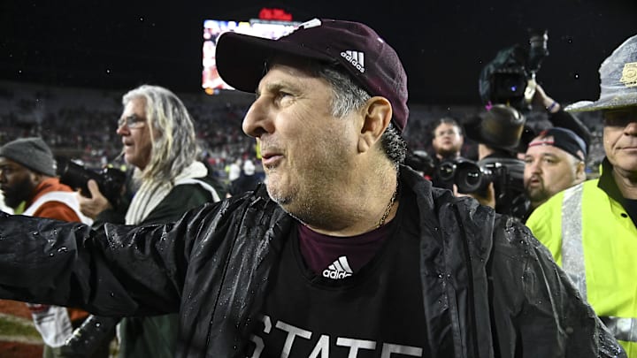 Nov 24, 2022; Oxford, Mississippi, USA; Mississippi State Bulldogs head coach Mike Leach walks onto the field  after the game against the Ole Miss Rebels at Vaught-Hemingway Stadium. Mandatory Credit: Matt Bush-Imagn Images