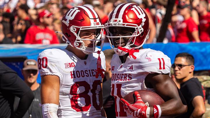Oct 10, 2026; Lincoln, Nebraska, USA; Indiana Hoosiers wide receiver Nick Marsh (11) and wide receiver Charlie Becker (80) celebrate after a touchdown against the Nebraska Cornhuskers during the fourth quarter at Memorial Stadium. Mandatory Credit: Dylan Widger-Imagn Images Oct 10, 2026; Lincoln, Nebraska, USA; Indiana Hoosiers wide receiver Nick Marsh (11) and wide receiver Charlie Becker (80) celebrate after a touchdown against the Nebraska Cornhuskers during the fourth quarter at Memorial Stadium. Mandatory Credit: Dylan Widger-Imagn Images
