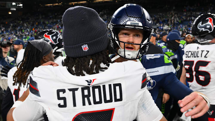 Oct 20, 2025; Seattle, Washington, USA; Houston Texans quarterback C.J. Stroud (7) and Seattle Seahawks quarterback Sam Darnold (14) greet each other after the game at Lumen Field. Mandatory Credit: Steven Bisig-Imagn Images Oct 20, 2025; Seattle, Washington, USA; Houston Texans quarterback C.J. Stroud (7) and Seattle Seahawks quarterback Sam Darnold (14) greet each other after the game at Lumen Field. Mandatory Credit: Steven Bisig-Imagn Images