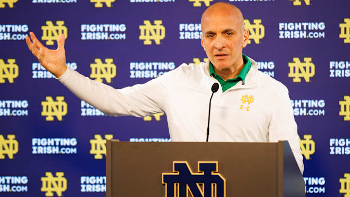 Notre Dame Athletic Director Pete Bevacqua speaks with media at Notre Dame Stadium on Monday, Dec. 17, 2024, in South Bend.