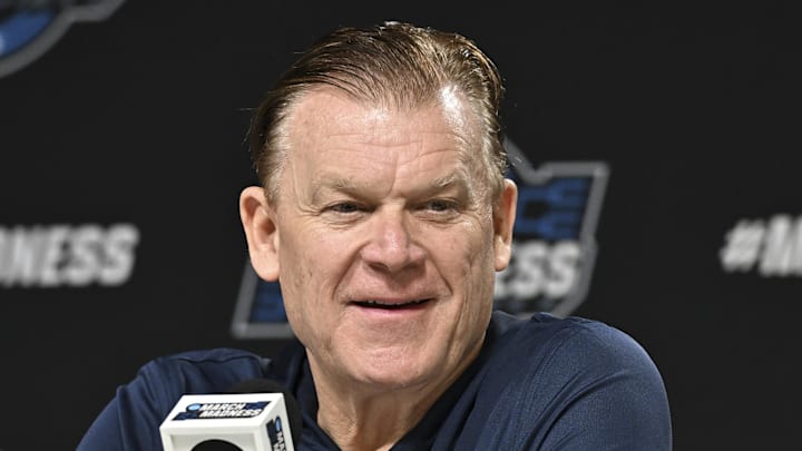 Mar 25, 2026; Houston, TX, USA; Illinois Fighting Illini head coach Brad Underwood speaks during a practice session press conference ahead of the south regional of the men's 2026 NCAA Tournament at Toyota Center. Mandatory Credit: Maria Lysaker-Imagn Images