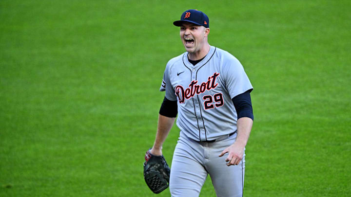 Oct 7, 2024; Cleveland, Ohio, USA; Detroit Tigers pitcher Tarik Skubal (29) celebrates after a double play that ended the sixth inning against the Cleveland Guardians during game two of the ALDS for the 2024 MLB Playoffs at Progressive Field.
