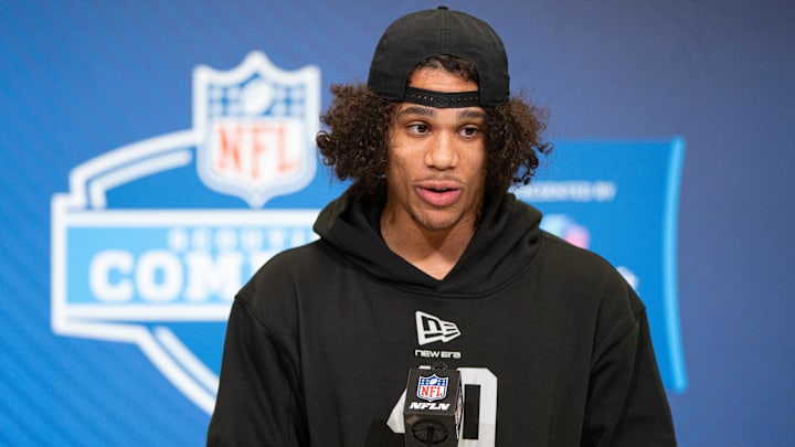Feb 27, 2026; Indianapolis, IN, USA; Arizona State wideout Jordyn Tyson (WO40) speaks to members of the media during the NFL Combine at the Indiana Convention Center. Mandatory Credit: Jacob Musselman-Imagn Images Feb 27, 2026; Indianapolis, IN, USA; Arizona State wideout Jordyn Tyson (WO40) speaks to members of the media during the NFL Combine at the Indiana Convention Center. Mandatory Credit: Jacob Musselman-Imagn Images