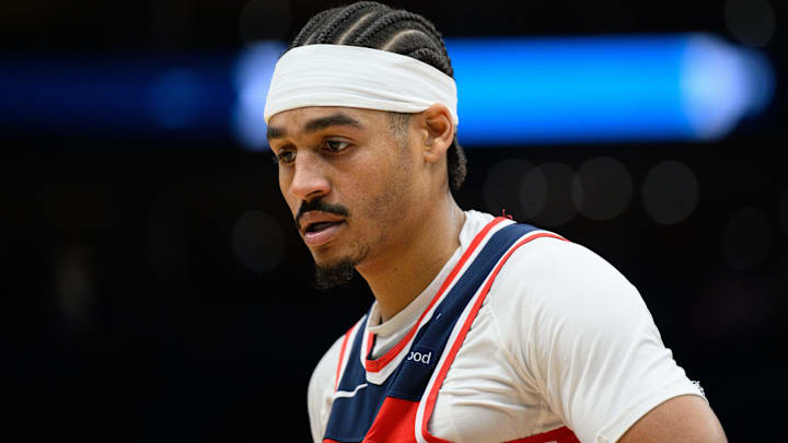 Mar 21, 2025; Washington, District of Columbia, USA; Washington Wizards guard Jordan Poole (13) looks on during the first quarter against the Orlando Magic at Capital One Arena. Mandatory Credit: Reggie Hildred-Imagn Images