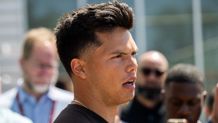 May 10, 2025; Berea, OH, USA; Cleveland Browns quarterback Dillon Gabriel (5) talks to the media during rookie minicamp at CrossCountry Mortgage Campus.