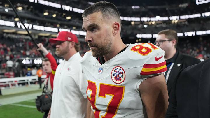 Jan 4, 2026; Paradise, Nevada, USA; Kansas City Chiefs tight end Travis Kelce (87) leaves the field after the game against the Las Vegas Raiders at Allegiant Stadium. Mandatory Credit: Kirby Lee-Imagn Images