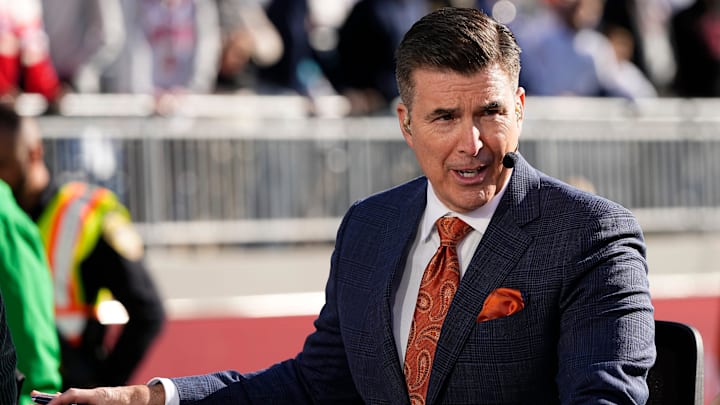 Rece Davis prepares to broadcast from the field on the ESPN College Gameday set prior to the NCAA football game between the Penn State Nittany Lions and the Ohio State Buckeyes at Beaver Stadium in University Park, Pa. on Saturday, Nov. 2, 2024. Rece Davis prepares to broadcast from the field on the ESPN College Gameday set prior to the NCAA football game between the Penn State Nittany Lions and the Ohio State Buckeyes at Beaver Stadium in University Park, Pa. on Saturday, Nov. 2, 2024.