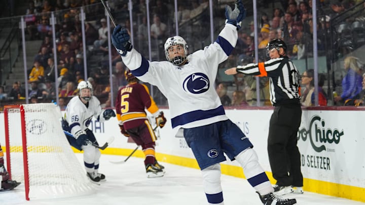Oct 3, 2025; Tempe, AZ, USA; Penn State Nittany Lions forward Charlie Cerrato (15) celebrates a goal against the Arizona State Sun Devils during the third period at Mullett Arena. Mandatory Credit: Joe Camporeale-Imagn Images Oct 3, 2025; Tempe, AZ, USA; Penn State Nittany Lions forward Charlie Cerrato (15) celebrates a goal against the Arizona State Sun Devils during the third period at Mullett Arena. Mandatory Credit: Joe Camporeale-Imagn Images