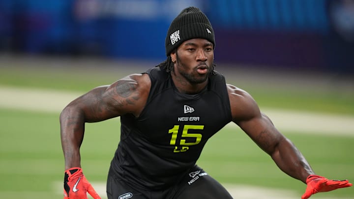 Feb 27, 2025; Indianapolis, IN, USA; Oklahoma State linebacker Nick Martin (LB15) participates in drills during the 2025 NFL Combine at Lucas Oil Stadium. Mandatory Credit: Kirby Lee-Imagn Images
