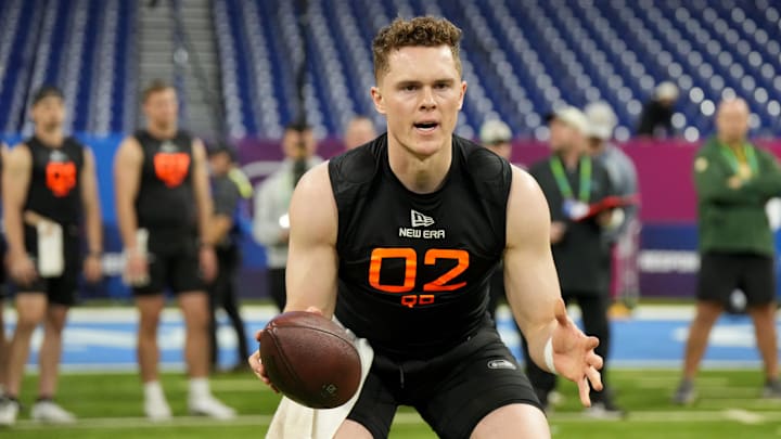 Mar 1, 2025; Indianapolis, IN, USA; Missouri quarterback Brady Cook (QB02) during the 2025 NFL Combine at Lucas Oil Stadium. Mandatory Credit: Kirby Lee-Imagn Images