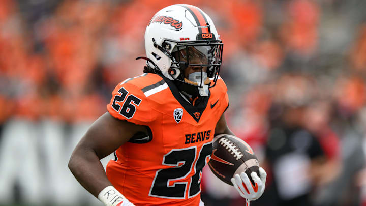 Sep 6, 2025; Corvallis, Oregon, USA; Oregon State Beavers running back Salahadin Allah (26) runs the ball during the second quarter against the Fresno State Bulldogs at Reser Stadium. Mandatory Credit: Craig Strobeck-Imagn Images