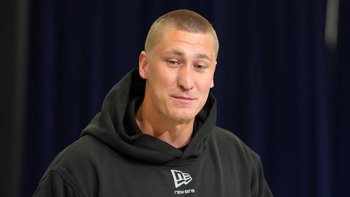 Feb 25, 2026; Indianapolis, IN, USA; Utah linebacker Lander Barton (LB02) speaks during the NFL Scouting Combine at the Indiana Convention Center. Mandatory Credit: Kirby Lee-Imagn Images Feb 25, 2026; Indianapolis, IN, USA; Utah linebacker Lander Barton (LB02) speaks during the NFL Scouting Combine at the Indiana Convention Center. Mandatory Credit: Kirby Lee-Imagn Images