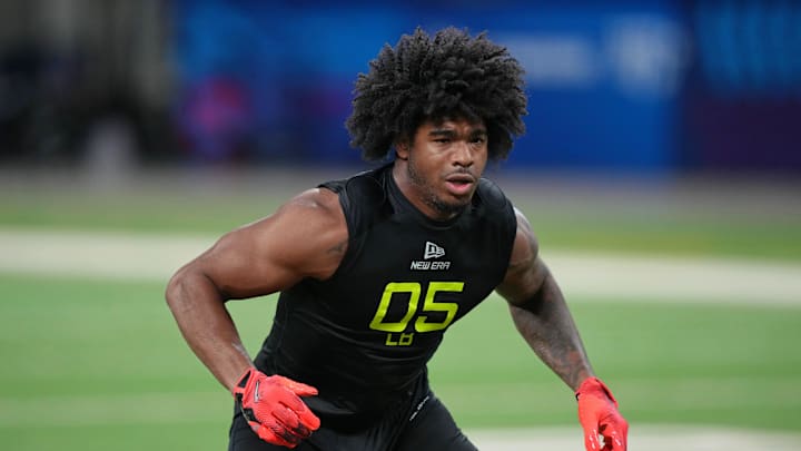 Alabama linebacker Jihaad Campbell participates in drills during the 2025 NFL Combine.