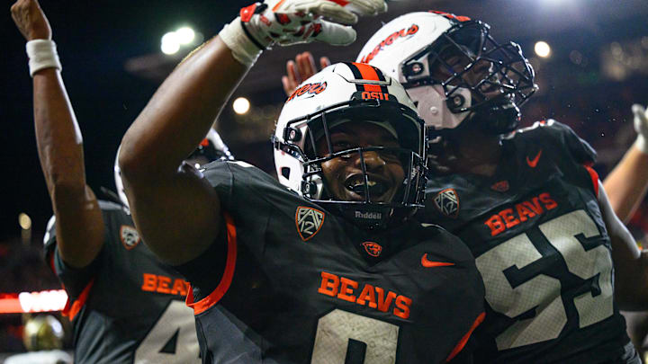 Sep 21, 2024; Corvallis, Oregon, USA; Oregon State Beavers running back Anthony Hankerson (0) scores a touchdown during the fourth quarter against the Purdue Boilermakers at Reser Stadium. Mandatory Credit: Craig Strobeck-Imagn Images