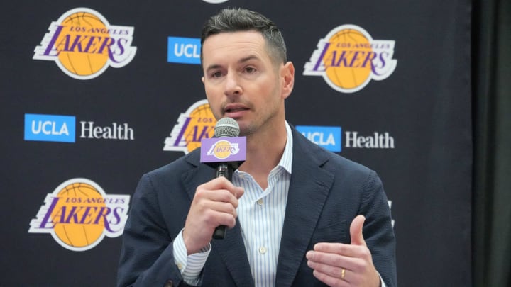 Jul 2, 2024; El Segundo, CA, USA; Los Angeles Lakers coach JJ Redick at a press conference at the UCLA Health Training Center. Mandatory Credit: Kirby Lee-USA TODAY Sports