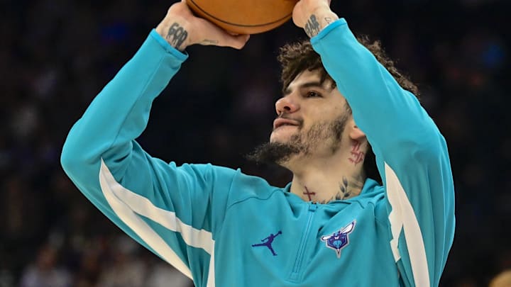 Jan 10, 2026; Salt Lake City, Utah, USA; Charlotte Hornets guard LaMelo Ball (1) warms up before the game against the Utah Jazz at Delta Center. Mandatory Credit: Peter Creveling-Imagn Images