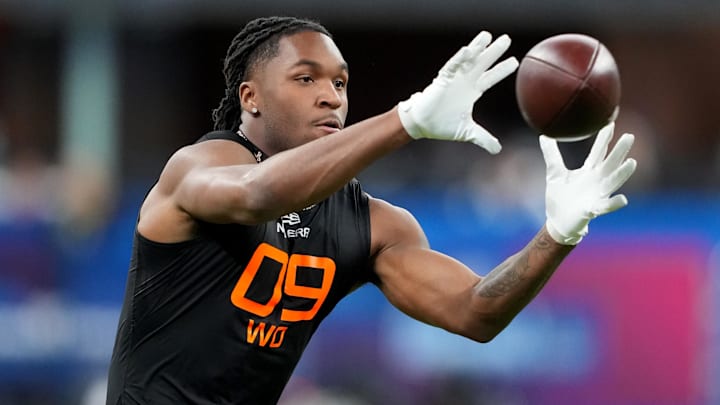 Mar 1, 2025; Indianapolis, IN, USA; Missouri wideout Luther Burden III (WO09) during the 2025 NFL Combine at Lucas Oil Stadium. Mandatory Credit: Kirby Lee-Imagn Images