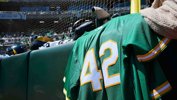 Apr 15, 2023; Oakland, California, USA; A general view of an Oakland Athletics baseball jersey uniform number 42 on Jackie Robinson Day before the game against the New York Mets at RingCentral Coliseum. Mandatory Credit: Robert Edwards-Imagn Images Apr 15, 2023; Oakland, California, USA; A general view of an Oakland Athletics baseball jersey uniform number 42 on Jackie Robinson Day before the game against the New York Mets at RingCentral Coliseum. Mandatory Credit: Robert Edwards-Imagn Images