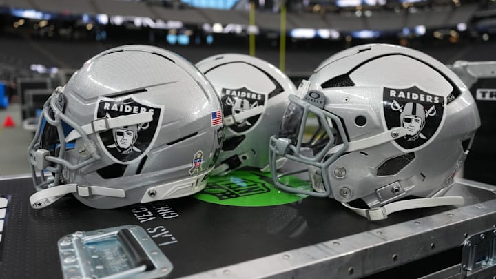 Nov 23, 2025; Paradise, Nevada, USA; Las Vegas Raiders helmets on the sidelines at Allegiant Stadium. Mandatory Credit: Kirby Lee-Imagn Images