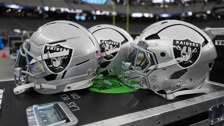 Nov 23, 2025; Paradise, Nevada, USA; Las Vegas Raiders helmets on the sidelines at Allegiant Stadium. Mandatory Credit: Kirby Lee-Imagn Images Nov 23, 2025; Paradise, Nevada, USA; Las Vegas Raiders helmets on the sidelines at Allegiant Stadium. Mandatory Credit: Kirby Lee-Imagn Images