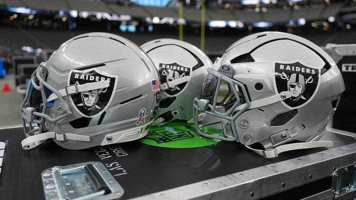Nov 23, 2025; Paradise, Nevada, USA; Las Vegas Raiders helmets on the sidelines at Allegiant Stadium. Mandatory Credit: Kirby Lee-Imagn Images Nov 23, 2025; Paradise, Nevada, USA; Las Vegas Raiders helmets on the sidelines at Allegiant Stadium. Mandatory Credit: Kirby Lee-Imagn Images