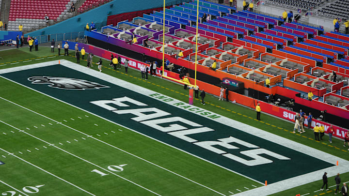 Feb 12, 2023; Glendale, AZ, USA; A general view of the Philadelphia Eagles logo in the end zone before Super Bowl LVII against the Kansas City Chiefs at State Farm Stadium. Mandatory Credit: Kirby Lee-Imagn Images