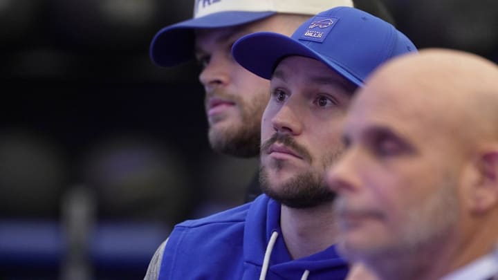 Bills quarterback Josh Allen listens as new head coach Joe Brady answers questions about what some of his style of coaching will be during a press conference at the Bills field house in Orchard Park on Jan. 29, 2026.