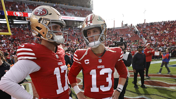 San Francisco 49ers quarterbacks Brandon Allen (L) and Brock Purdy (R)