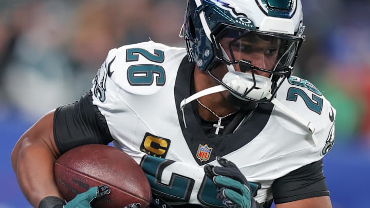 Oct 9, 2025; East Rutherford, New Jersey, USA; Philadelphia Eagles running back Saquon Barkley (26) warms up prior to the game against the New York Giants at MetLife Stadium. 