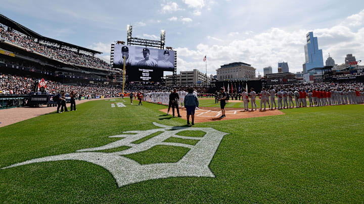Apr 3, 2026; Detroit, Michigan, USA; General view during a moment of silence for Tom Timmermann, Roy Face, and Mickey Lolich before the game between the Detroit Tigers and the St. Louis Cardinals at Comerica Park. Mandatory Credit: Rick Osentoski-Imagn Images