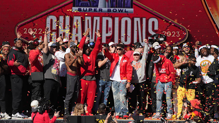 Feb 14, 2024; Kansas City, MO, USA; Kansas City Chiefs quarterback Patrick Mahomes (15) celebrates