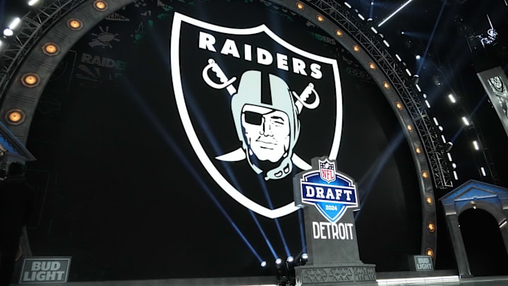 Apr 25, 2024; Detroit, MI, USA; A Las Vegas Raiders logo at the 2024 NFL Draft at Campus Martius Park and Hart Plaza. Mandatory Credit: Kirby Lee-Imagn Images