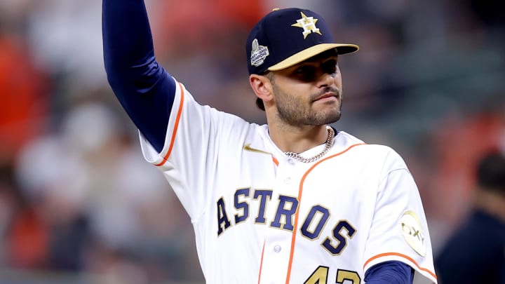 Mar 31, 2023; Houston, Texas, USA; Houston Astros starting pitcher Lance McCullers Jr. (43) acknowledges the fans before receiving his 2022 World Series championship ring prior to the game against the Chicago White Sox at Minute Maid Park Mar 31, 2023; Houston, Texas, USA; Houston Astros starting pitcher Lance McCullers Jr. (43) acknowledges the fans before receiving his 2022 World Series championship ring prior to the game against the Chicago White Sox at Minute Maid Park