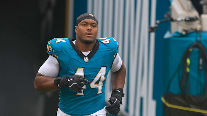Jacksonville Jaguars defensive end Travon Walker (44) is introduced before an NFL football matchup Sunday, Oct. 6, 2024 at EverBank Stadium in Jacksonville, Fla. The Jaguars edged the Colts on a field goal 37-34. [Corey Perrine/Florida Times-Union]